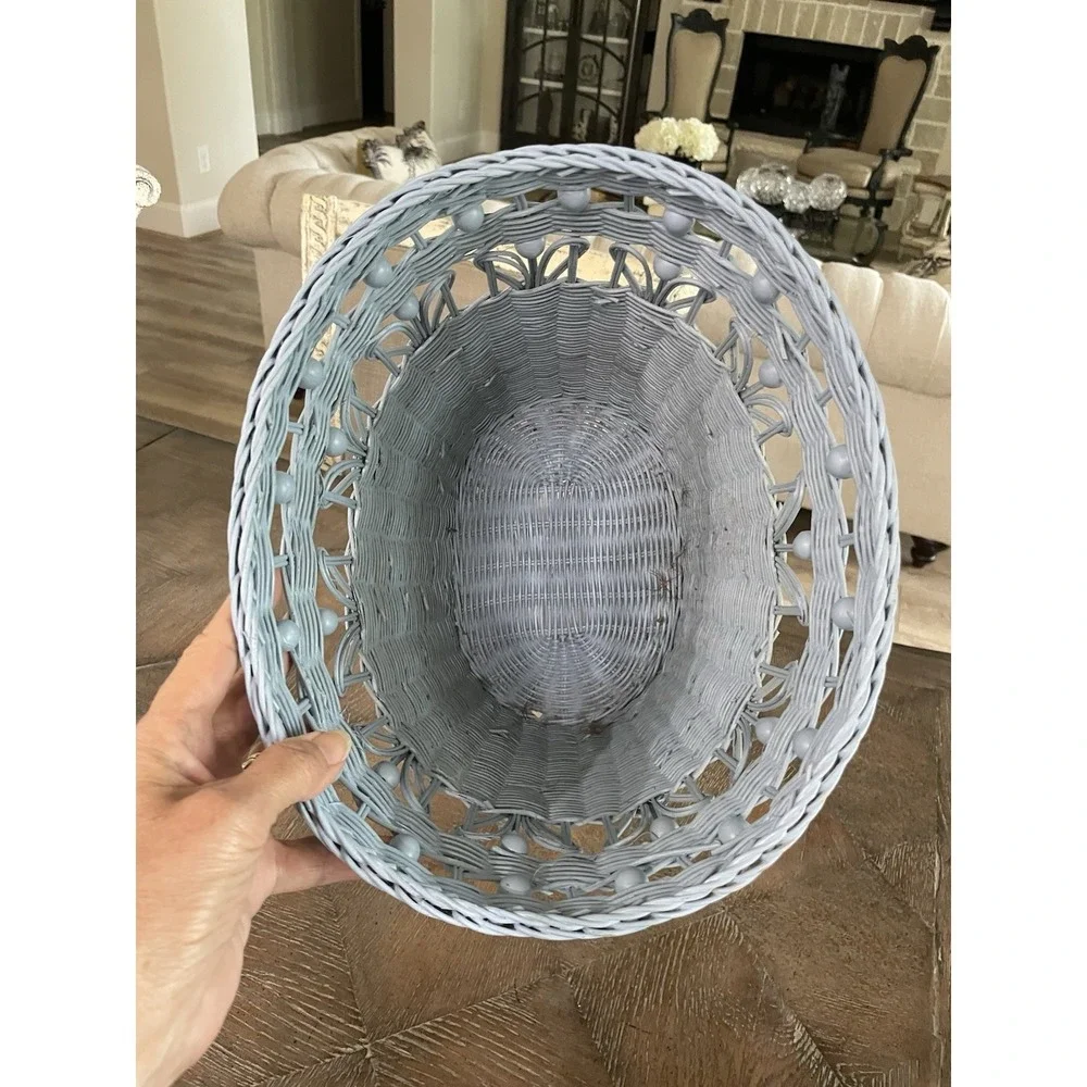 Vintage  Blue Bead Wicker Rattan Woven Waste Basket Trash Can Bin